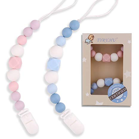 TYRY.HU Pacifier Clips Silicone Teething Beads BPA Free Binky Holder for Girls, Boys, Baby Shower Gift, Teether Toys, Soothie, Mam, Drool Bibs, Set of 2 (Pink, Blue)