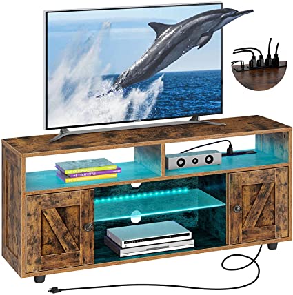 Rolanstar TV Stand with Power Outlet and RGB LED Light, Entertainment Center Stand with Storage Barn Door Cabinets and Glass Shelf for Living Room 43/50/55/60/in TV, 47” Rustic Brown TV Console Table