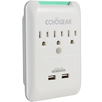 ECHOGEAR Low Profile On-Wall Surge Protector With 3 AC Outlets & 2 USB Ports – 540 Joules of Surge Protection - Installs Over Existing Outlets To Protect Your Gear & Increase Outlet Capacity