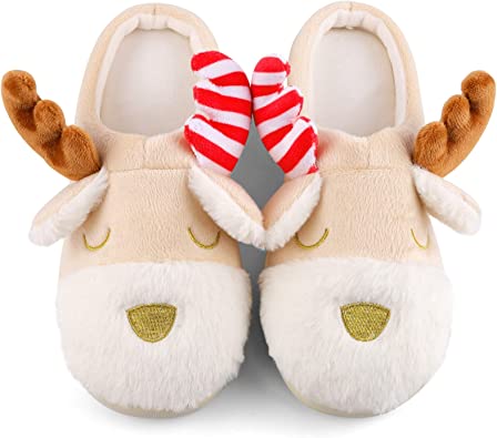Animal Christmas Fuzzy Slippers for Women Girls, Cute Non Slip House Shoes, Funny Cartoon Soft Plush Cozy Winter Bedroom Slippers for Xmas New Year Gifts