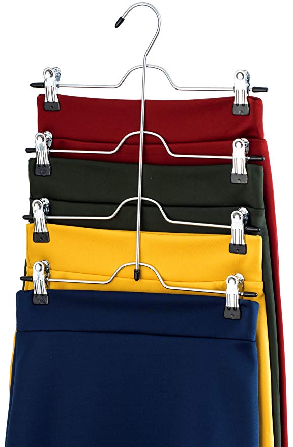 ZOBER Space Saving 4 Tier Trouser Skirt Hanger (Set of 3) Sturdy Luxurious Chrome with Non Slip Black Vinyl Clips, Multi Pants Hanger for Skirts, Pants, Slacks, Jeans, and More.