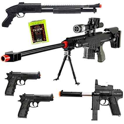 Dark Ops Airsoft Lot of 5 Airsoft Guns Sniper Rifle Shotgun Machine Pistols & 1000 6mm BB