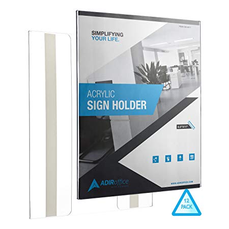 AdirOffice Wall Mount Sign Holder – Portrait-Style Ad Frame – Side Insert – Clear Acrylic – 8.5 x 11 Inches (12 Pack)