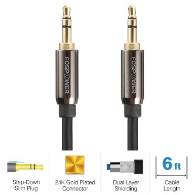 FosPower [6ft] 3.5mm Male to 3.5mm Male [AUX] Stereo Audio Cable - Step Down Design Auxiliary Cable for iPhone, iPod, Android Smartphones, Tablets, MP3 Players and More (6 feet)