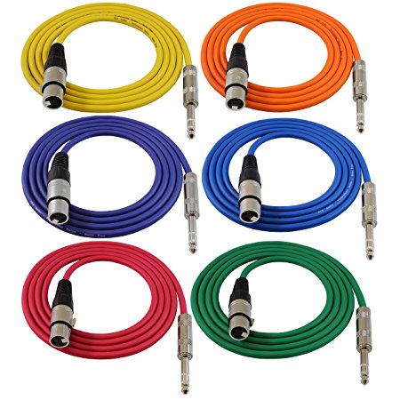 GLS Audio 6ft Patch Cable Cords - XLR Female To 1/4" TRS Color Cables - 6' Balanced Snake Cord - 6 PACK