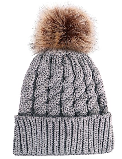 Livingston Women's Winter Soft Knitted Beanie Hat With Faux Fur Pom Pom