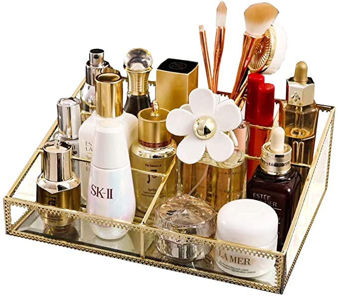 Vintage Stackable Vanity Tray/Mirrored Glass Perfume Tray/Divide Makeup Organizer Cosmetic Storage for Vanity/Bathroom Accessories/Countertop,Beauty Display for Perfume/Palette/Skincare (Gold)