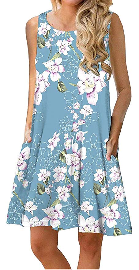 ETCYY Women's Summer Casual Sleeveless Floral Printed Swing Dress Sundress with Pockets