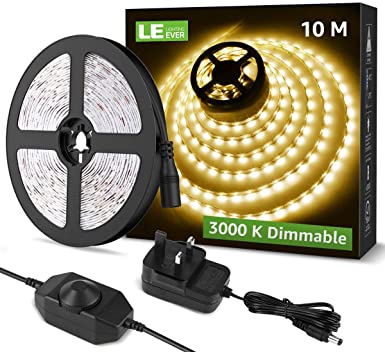 Lighting EVER 10M Dimmable LED Strip Lights, 3000K Warm White, Plug and Play, Stick-on LED Light for Bedroom, Kitchen, Hallway and More, 24V Power Supply and Dimmer Switch Included