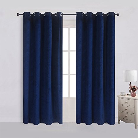 Cherry Home Set of 2 Velvet Flannel Blackout Curtains Panel Drapes Grommet Draperies Eyelet 52Wx96L inch Navy Royal Blue(2 panels)Theater| Bedroom| Living Room| Hotel