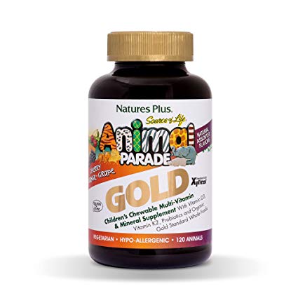 Natures Plus Animal Parade Source of Life GOLD Childrens Multivitamin - Assorted Cherry, Orange & Grape Flavors - 60 Chewable Animal Shaped Tablets - Organic Whole Foods, Gluten Free - 30 Servings