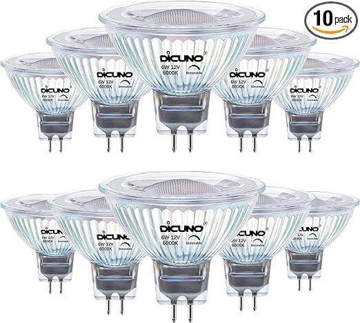 DiCUNO 6W MR16 LED Bulb Dimmable 6000K Daylight White, GU5.3 Base Bulb 60W Equivalent, 40 Degree Beam Angle 650LM 12V AC/DC, Landscape Light Bulb Spotlight, 10 Pack