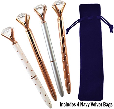 Rose Gold, White and Silver Bling Pens with Large Diamond Top| Includes 4 Navy Blue Velvet Bags | Perfect Gift for Women, Coworkers and Hostess | Modern Rose Gold Office Supplies and Desk Accessories