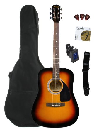 Fender FA-100 Dreadnought Acoustic Guitar Bundle with Gig Bag, Tuner, Strap, Picks, Strings - Sunburst
