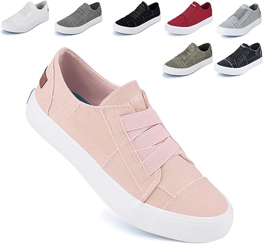 JENN ARDOR Women's Stylish Slip On Sneakers No Laces Elastic Low Top Canvas Sneakers Trendy Flats Comfortable Casual Walking Shoes