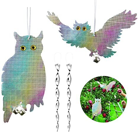 CandyHome 2 Pack Owl Bird Repellent Control Scare Device - Reflective Hanging Owl Woodpecker Deterrent with 2 Pack Spiral Bird Deterrent Rods