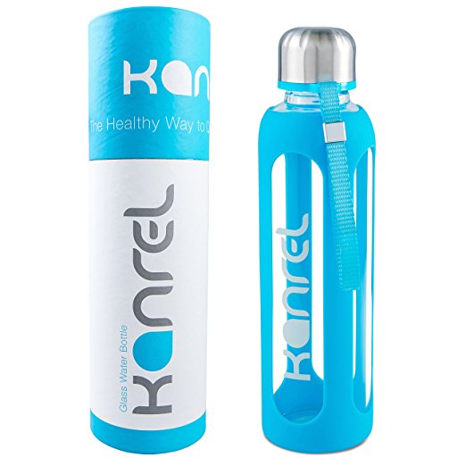 Kanrel Glass Drinking Water Bottle  with Silicone Sleeve & Stainless Steel Lid, 22.3 Oz.