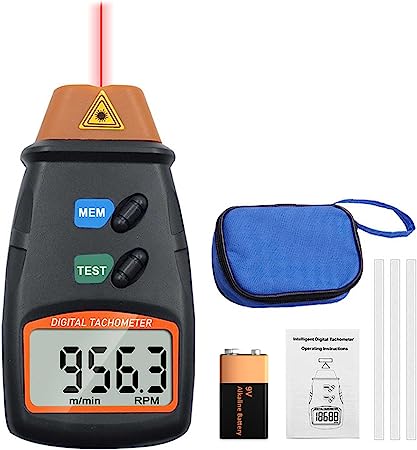 Mengshen Digital Tachometer, Non Contact Laser Photo Tach 2.5-99999 RPM Rotation Speed Meter Gauge Measurement with Reflective Tape (9V Battery Included)