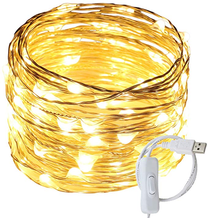 RUICHEN Fairy Lights USB Plug Power 33Ft 100 LED Silver Wire Starry String Lights with ON/Off Switch for Bedroom Indoor Outdoor Decorative(Warm White)