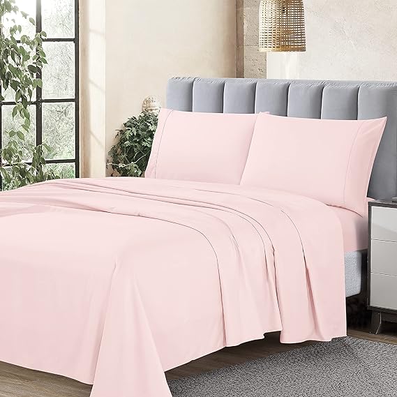 Cathay Home Essentials Ultra Soft Hypoallergenic Wrinkle Resistant Double Brushed Microfiber Bedding Sheet Set, Blush, Twin