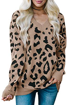 Karlywindow Womens Leopard Print Sweaters Long Sleeve V Neck Knitted Stylish Pullover