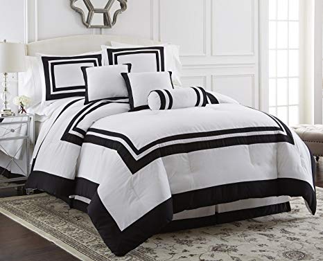 Chezmoi Collection 7 Piece Caprice Square Pattern Hotel Comforter Set, King, White/Black