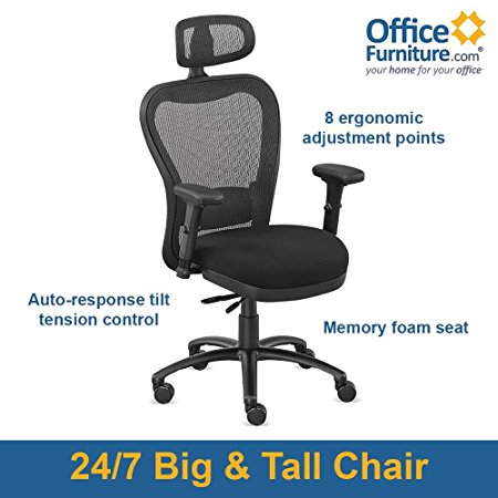 24/7 Big and Tall Mesh Headrest Chair with Fabric Seat and Memory Foam Black Fabric Seat/Black Mesh Back and Headrest/Black Frame: 27"W x 27"D x 47-53"H Seat: 20"Wx18-20"Dx18-22"H