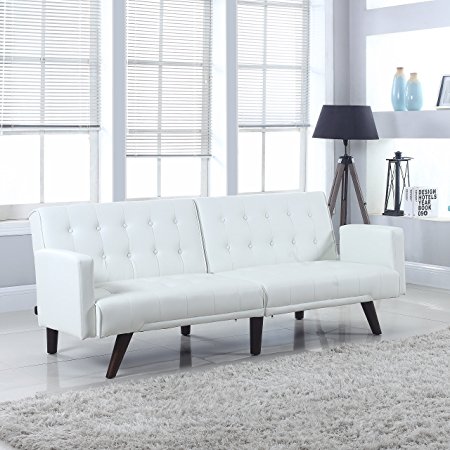 Modern Convertible Tufted Bonded Leather Splitback Sleeper Sofa Futon (White)