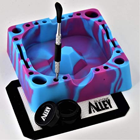 SESH Station [Full Kit - Purple/Blue] - Silicone Nonstick Ashtray   4" x 5" Non Stick Mat   5ml Container Jar   Carving Tool - Specialty Set for Sticky Arts & Crafts