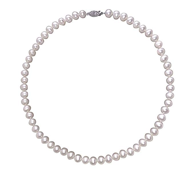 BSTONE 925 Sterling Silver 7-8mm AAA Quality white Freshwater Cultured Pearl Necklace for Women in 18" Princess Length