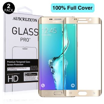 [Full Cover] Samsung Galaxy S6 edge screen protector , AUSCREZICON (2-PACK) 0.26mm 9H Tempered Glass ,High Definition 3D Curved, Full 100% Coverage for Samsung Galaxy S6 edge (Lifetime Warranty) Gold