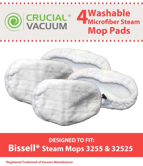 4 Microfiber Washable & Reusable Mop Pad Fits Bissell Steam Mop model 1867; Compare to Bissell Steam Mop Part # 203-2158, 2032158, 3255, 32525; Designed & Engineered By Crucial Vacuum