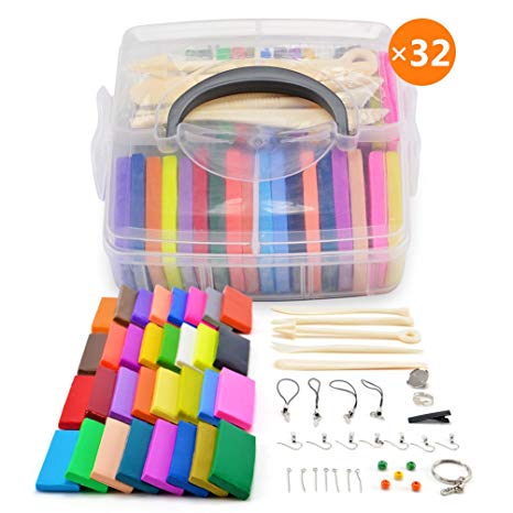 32 Blocks Polymer Clay Colorful DIY Soft Craft Oven Bake Modelling Clay Kit, w/Storage Box, Tools and Accessories