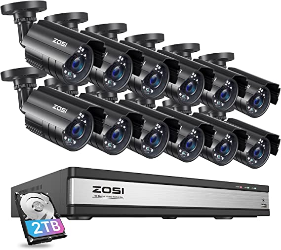 ZOSI 1080p 16 Channel Security Camera System Outdoor,H.265  16CH 1080p CCTV DVR,12PCS 2MP Weatherproof Surveillance Camera,Night Vision,Motion Detection,2TB HDD for Home Business 24/7 Recording