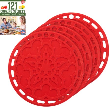 Silicone Hot Pads Set of 4 - 6 in 1 Multi-purpose Kitchen Tool Pot Holder Splatter Guard Microwave Cover Jar Opener Decorative Trivet Red 8 Inches Includes 121 Cooking Secrets Ebook