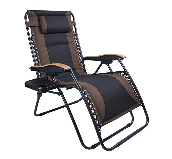 LUCKYBERRY Deluxe Oversized Padded Zero Gravity Chair XL Black Brown Cup Holder Lounge Patio Chairs Outdoor Yard Beach Support 350lbs