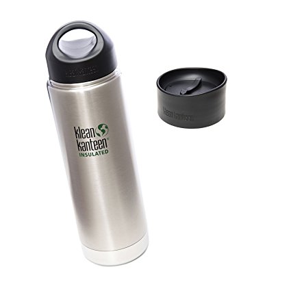 Klean Kanteen Coffee Set Wide Mouth Insulated Bottle w/ 2 Caps (Stainless Loop Cap and Cafe Cap) - Brushed Stainless 20 oz.