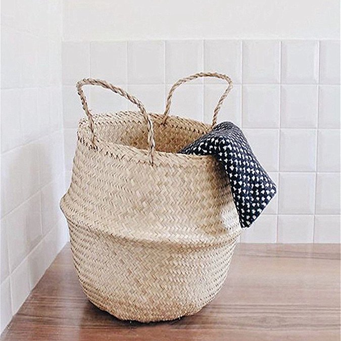 KINGSO 45x35cm Collapsible Seagrass Tote Belly Basket Laundry Basket Storage Plant Nursery Toys Home Panier Boule with Handles