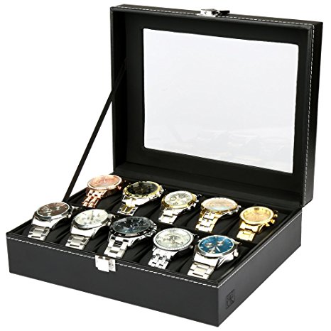 H&S® Glass Lid 10 Watch Jewellery Display Storage Box Case Bracelet Tray Faux Leather Black