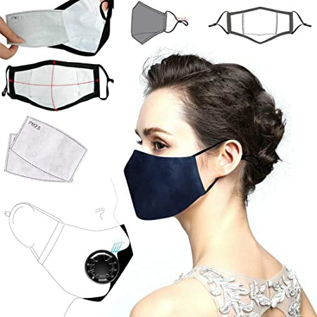 PM2.5 Anti Pollution mask Activated Carbon Filter for Breathing Insert Protective Reusable Cotton for adult Outdoor Activities （1 Mask   2 Filters） (Navy Blue)