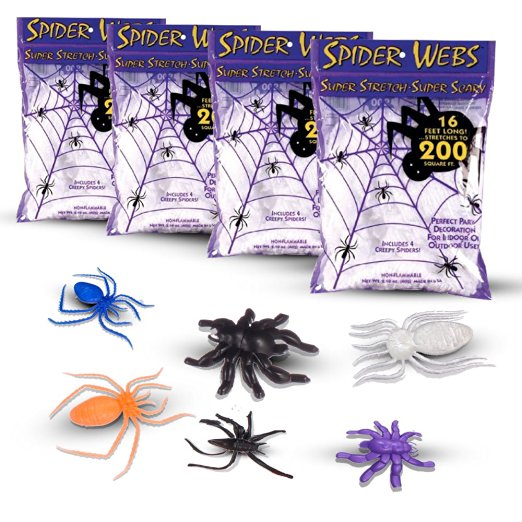 Halloween Spider Webs & Webbing "Made is the USA" 3 Jumbo Super Stretch Webbing Packs   Assortment of 40 Black, Colorful, Glow In The Dark Spiders, Insects & Reptiles For Props Decoration and Decor