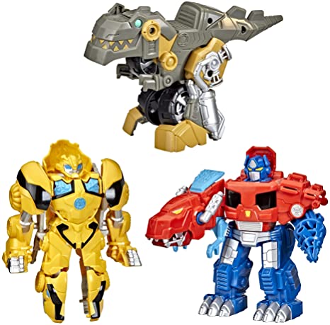 Transformers Primal Team-Up 3-Pack with Optimus Prime, Bumblebee, and Grimlock Converting Dinosaur Figures, 4.5-Inch Toys, Ages 3 and Up