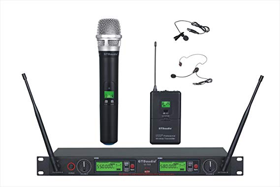 GTD Audio 2x800 Channel UHF Diversity Wireless Hand-held/Lavalier/Lapel/Headset Microphone Mic System 733 (1 Hand held & 1 Lavalier Mic)