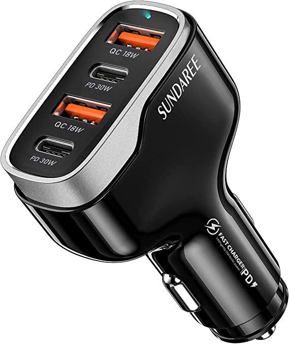 SUNDAREE USB C Car Charger,60W 12-24V QC&PD Type C Phone Multi 4 Port USB Car Charger Fast Charging Cigarette Lighter Adapter for Samsung A53/POCO M4/OPPO A74/iPhone 14/Xiaomi Redmi note 11/Google