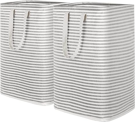 Lifewit Freestanding Laundry Hamper, 24" Tall Collapsible Large Clothes Basket with Easy Carry Extended Handles for Clothes Toys in Bedroom, Bathroom, Grey, 2 pack