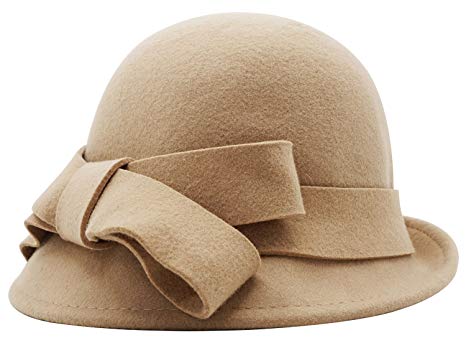 Bellady Women Solid Color Winter Hat 100% Wool Cloche Bucket with Bow Accent