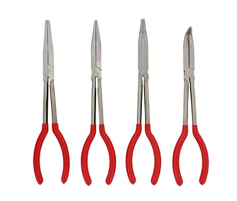 ABN Long Reach 11” Inch Plier 4-Piece Set – 90-Degree Angle, 45-Degree Angle, Straight Needle Nose, and Duckbill Pliers