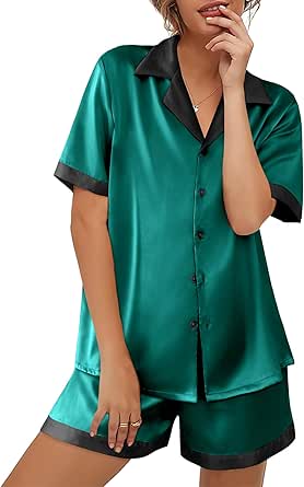 Ekouaer Womens Silk Satin Pajamas Set Button Down Short Sleeve Lounge Set 2 Piece Notch Collar Sleepwear Sets Soft Pjs S-XXL