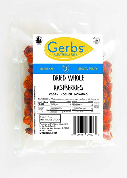 Dried Whole Raspberries, 1 LB. by Gerbs - Sulfur & preservative free - Top 12 Food Allergy Free - Non GMO, Vegan, and Kosher