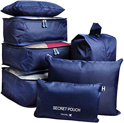 7Pcs Waterproof Travel Storage Bags Clothes Packing Cube Luggage Organizer Pouch(Navy)